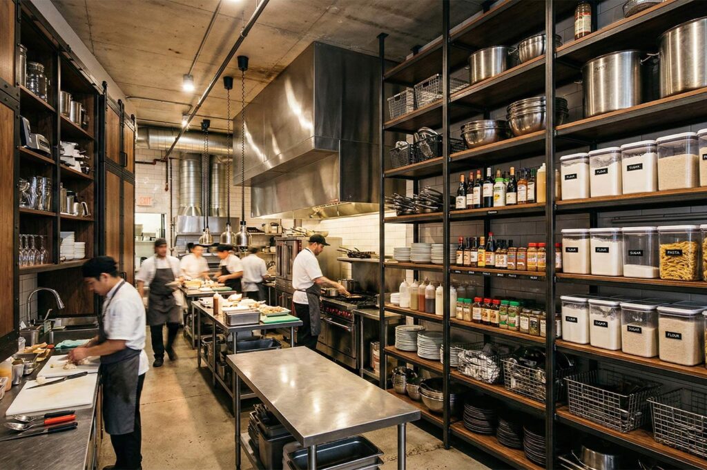 A busy professional commercial kitchen with stainless steel workstations, industrial open shelving, and chefs preparing food under bright lights.