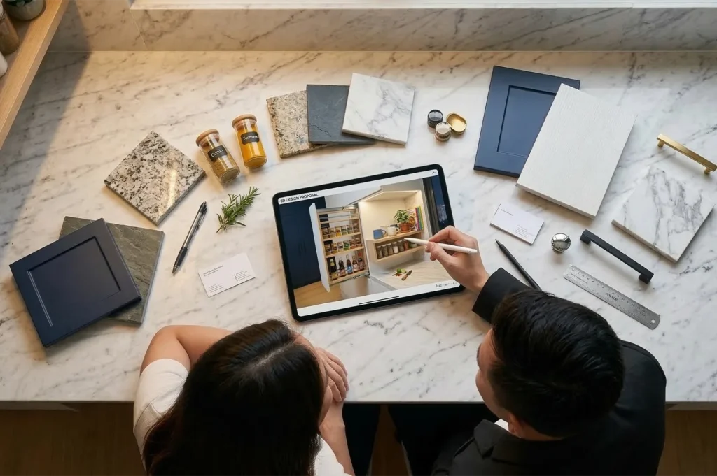 Top-down view of an interior designer showing a 3D kitchen proposal on a tablet to a client, surrounded by marble and cabinet samples.