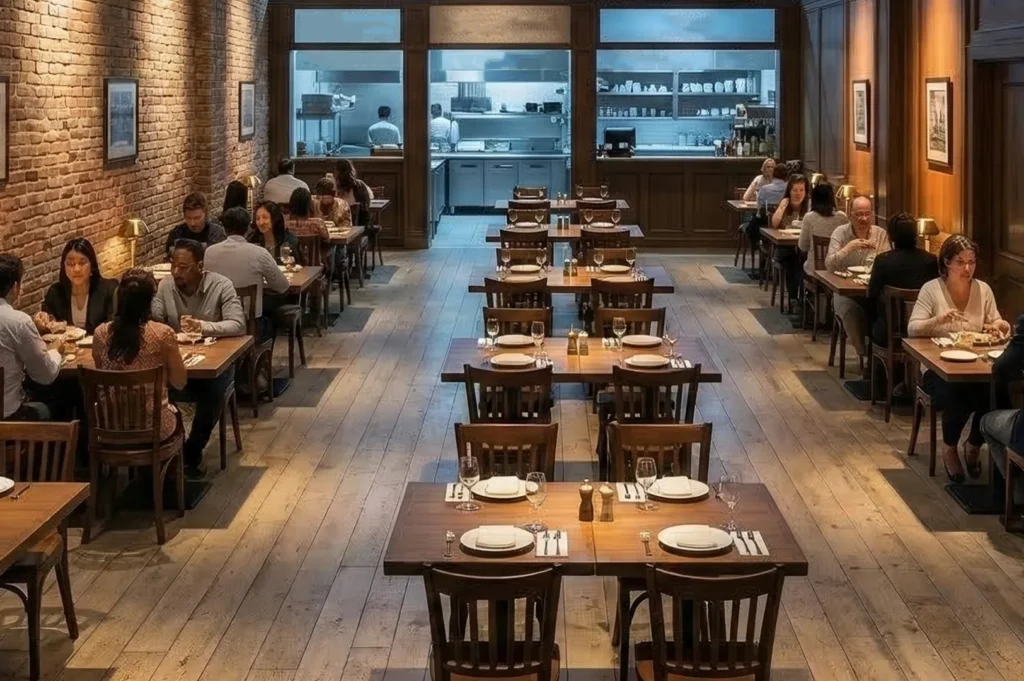 High-angle view of a long, narrow bistro dining room with wooden floors, brick walls, and a view into an open kitchen.