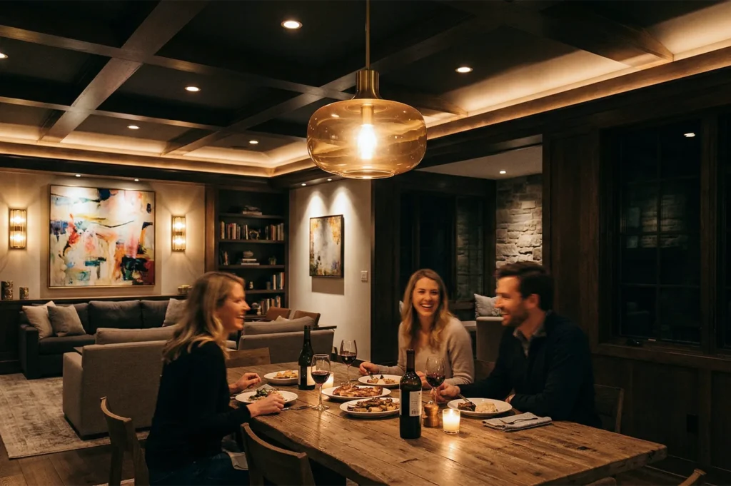 A family enjoying dinner in a modern home with a coffered ceiling, warm recessed lighting, and a large amber glass pendant light.