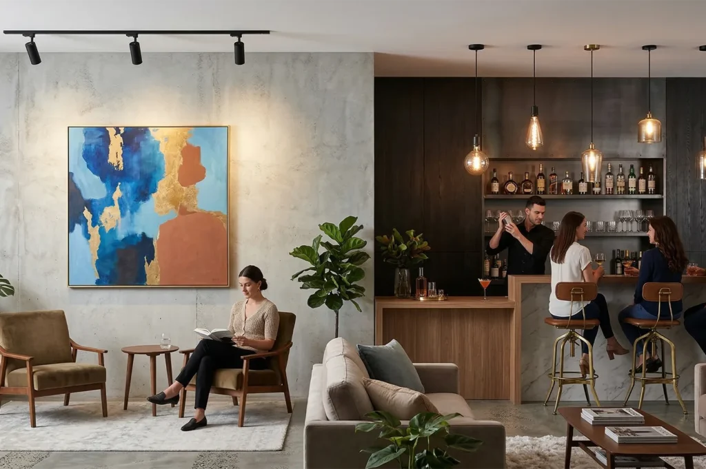 A stylish hotel lounge featuring a modern bar with a bartender, comfortable seating, and a large blue and gold abstract painting on a concrete wall.