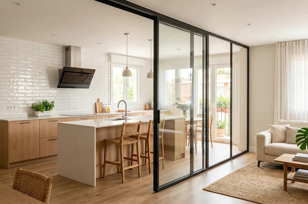 Large open-concept kitchen with light wood cabinetry and a marble island, separated from the living room by a black-framed sliding glass partition.