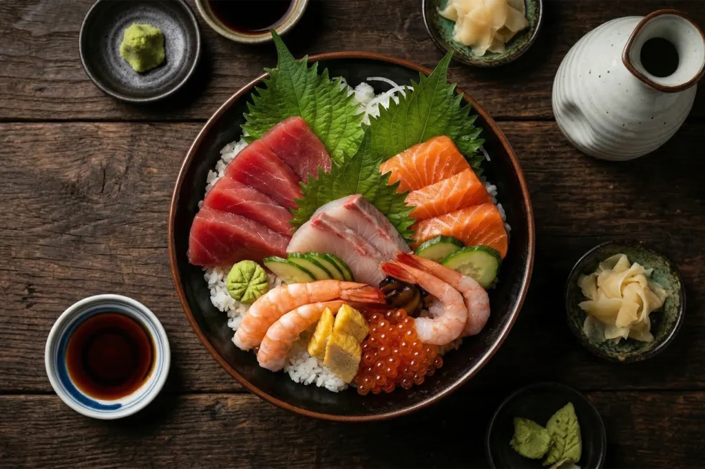 Top-down view of a premium Japanese Chirashi bowl with tuna, salmon, shrimp, and ikura on a dark wooden table.