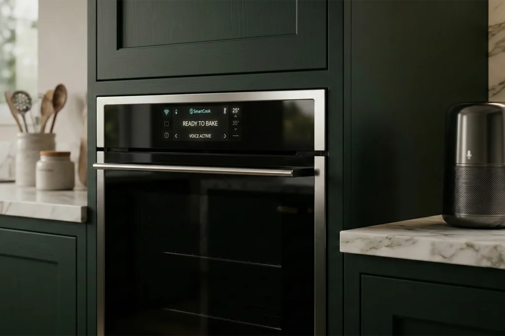 Close-up of a modern smart wall oven with a digital display showing "Ready to Bake" and "Voice Active" indicators in a dark green cabinet.