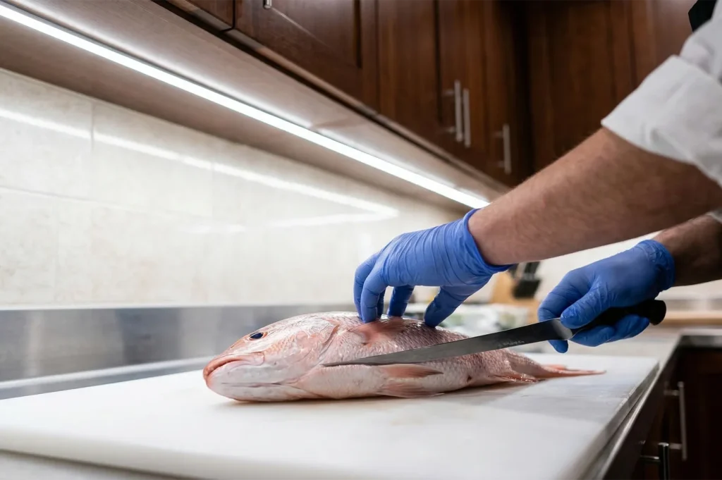 High-quality under-cabinet LED strip lighting illuminating a chef's workstation while prepping fresh fish.