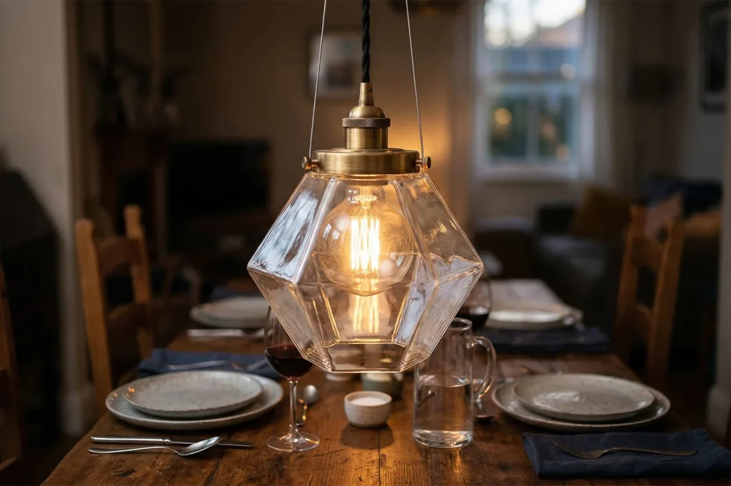 A hexagonal geometric glass pendant light hanging over a set dining table in a cozy, dimly lit home or restaurant.