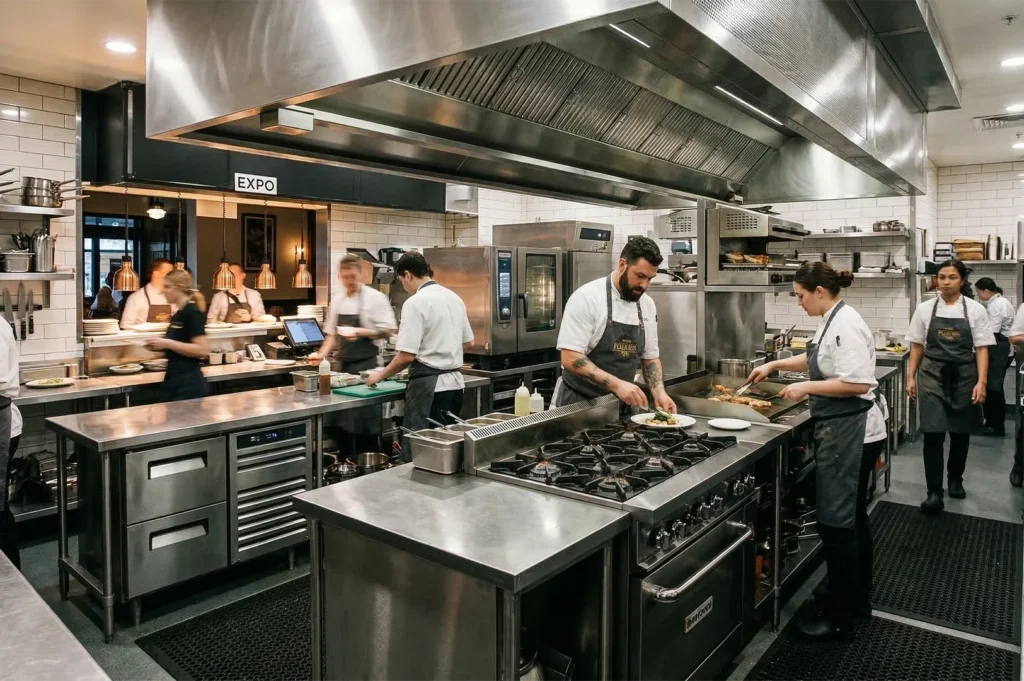 Professional chefs working at a stainless steel cooking station with a large industrial griddle and stove in a restaurant kitchen.