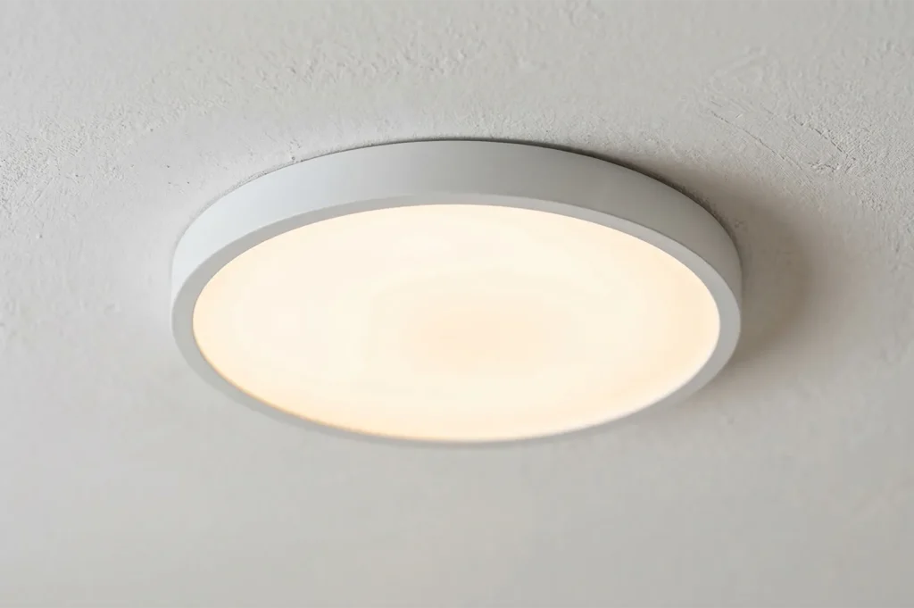 A minimalist circular white LED flush-mount ceiling light fixture providing warm ambient illumination on a textured white ceiling.