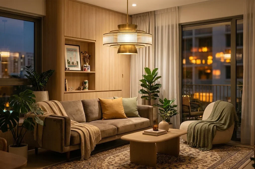 A cozy living room interior featuring a decorative brass pendant light, warm ambient lighting, and modern furniture.