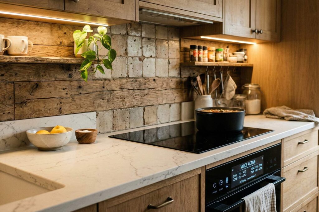 Close-up of a rustic kitchen featuring a reclaimed wood and stone tile backsplash, marble countertops, and a modern induction cooktop with digital display.