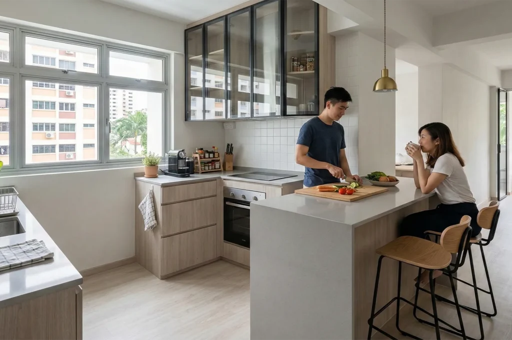 A couple interacting in a Scandinavian-style kitchen featuring a grey quartz island, wood-toned cabinetry, and glass-front upper cupboards.