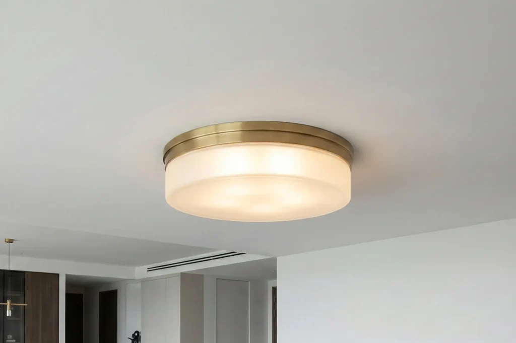 A modern circular flush mount ceiling light fixture with a brushed brass gold rim and frosted glass diffuser.
