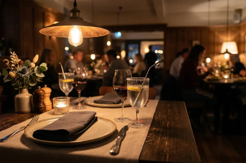 Close-up of an intimate restaurant table setting with wine glasses, water, and a warm copper pendant lamp.