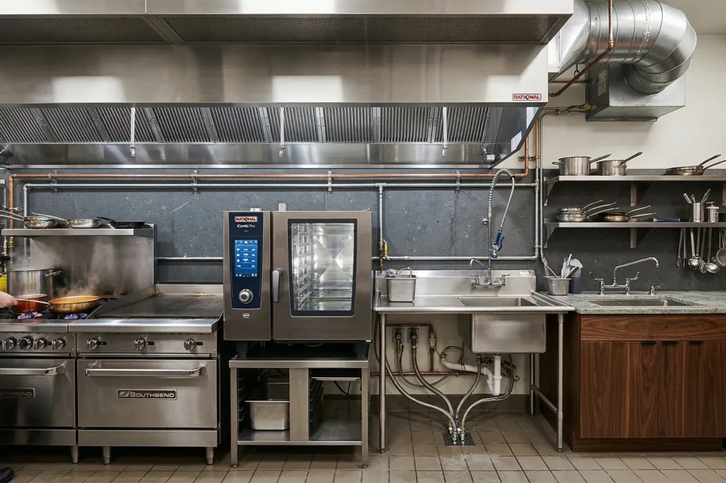 Industrial kitchen setup featuring a Rational Combi Pro oven, Southbend range, and stainless steel prep sink against a dark backsplash.