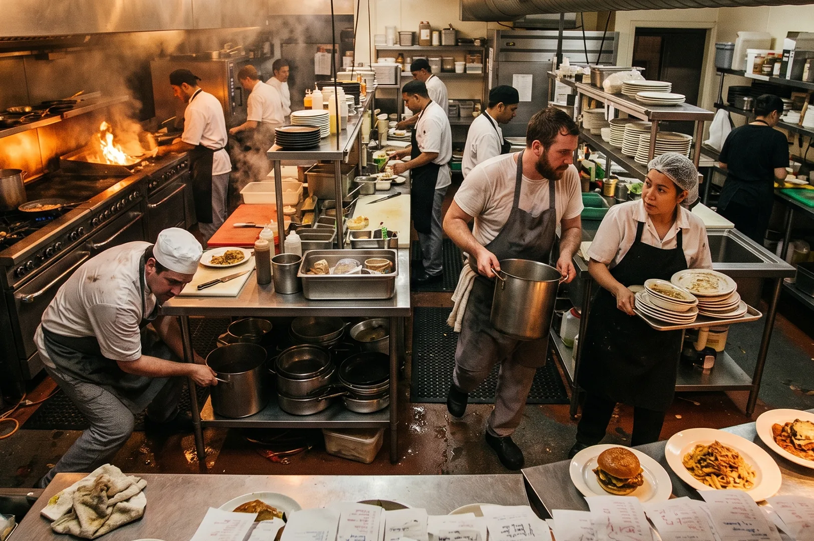 A high-energy, busy commercial kitchen during peak service with multiple chefs cooking at stovetops with flames, plating dishes, and carrying large pots.