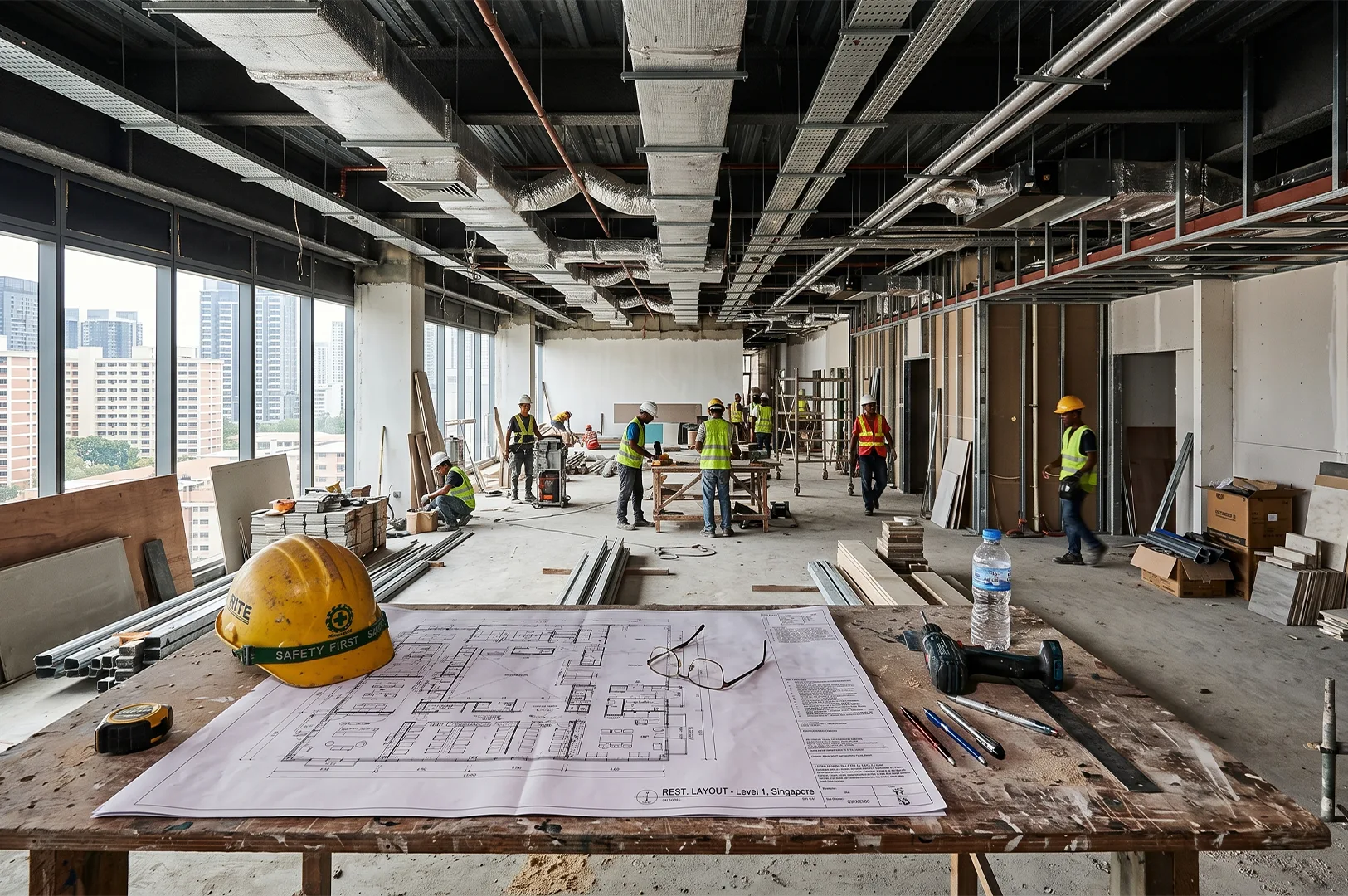 Interior view of an active commercial construction site in Singapore with workers, blueprints, and exposed HVAC ducting.