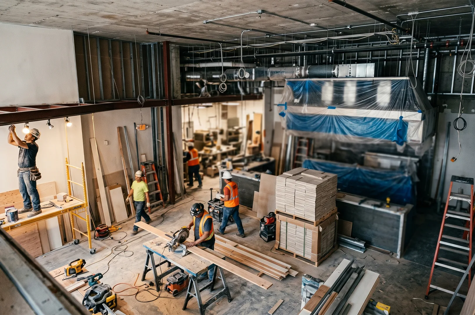 Construction crew working on the interior renovation of a commercial bistro space, featuring workers using power tools and installing fixtures.