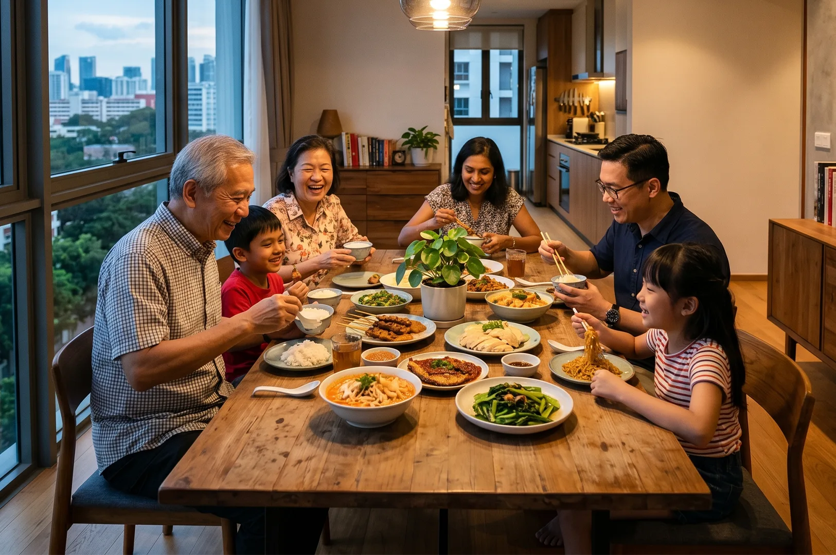 A multi-generational family enjoys a traditional Asian meal together at a wooden dining table in a modern apartment overlooking a city skyline.