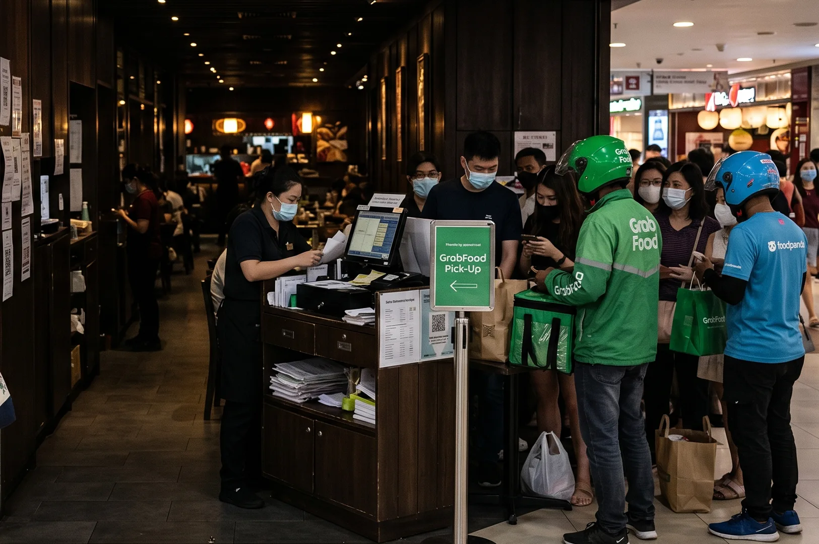 A delivery rider in a green GrabFood jacket and helmet stands at a restaurant pickup counter while a masked staff member manages orders.