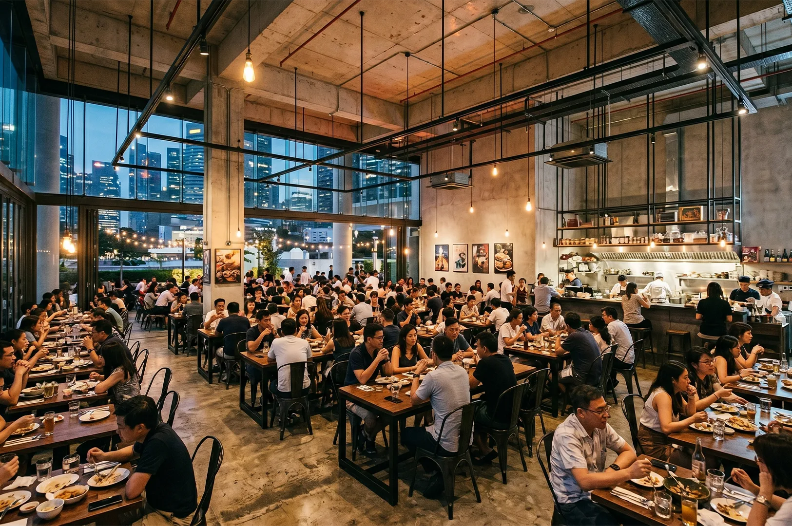 A busy industrial-style restaurant with high concrete ceilings, exposed pipes, large glass windows showing a city skyline at dusk, and many people dining at wooden tables.