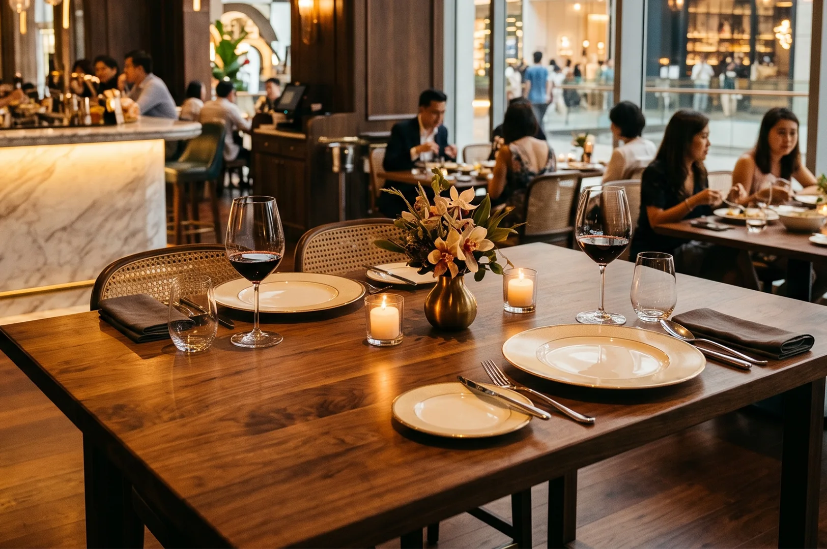 A beautifully set dark wood dining table in a high-end restaurant featuring wine glasses, white china, and a floral centerpiece with candlelight.