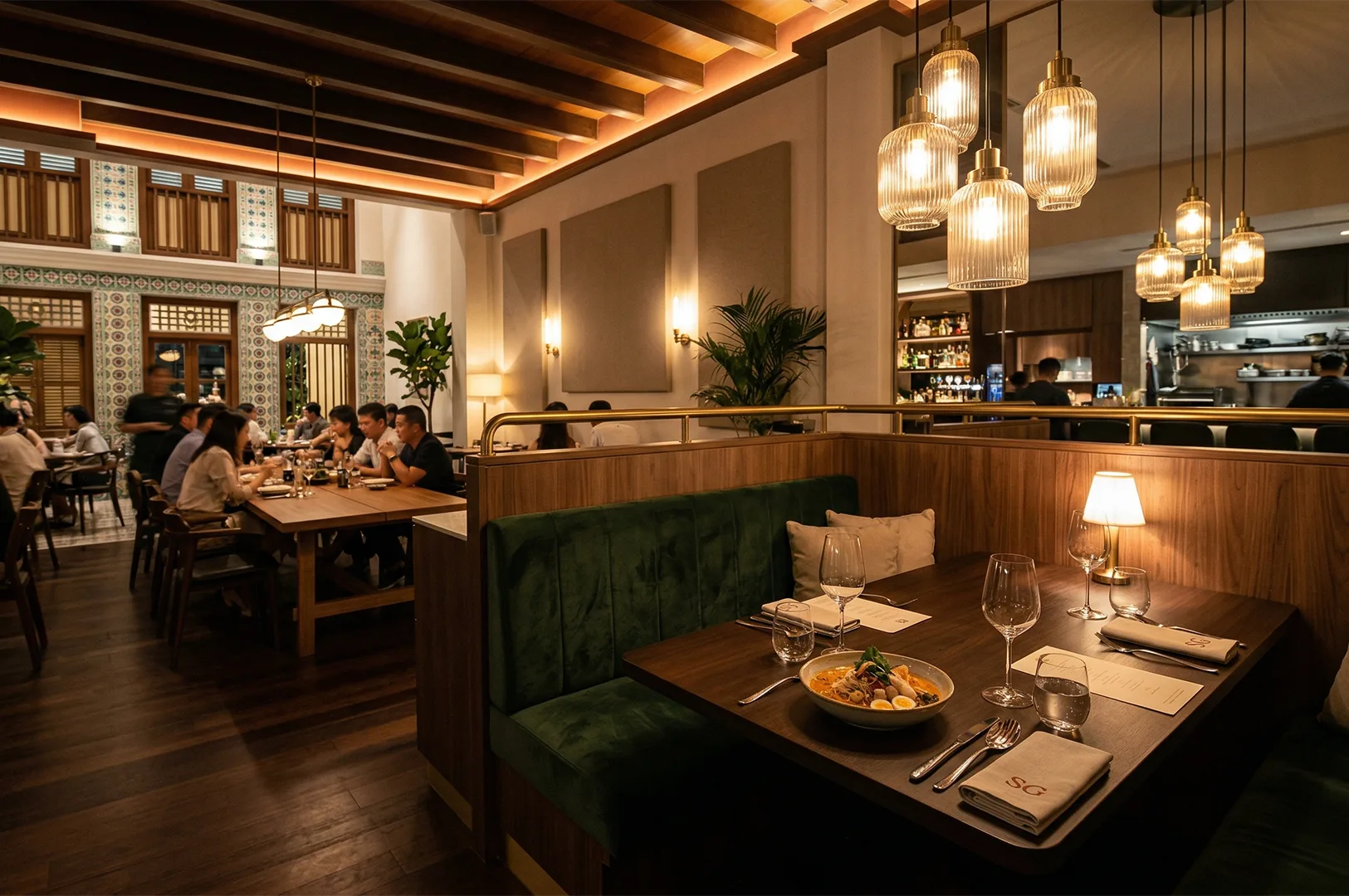 Elegant interior of a modern Peranakan restaurant featuring velvet green booths, warm wooden accents, and a bowl of Laksa on the table.