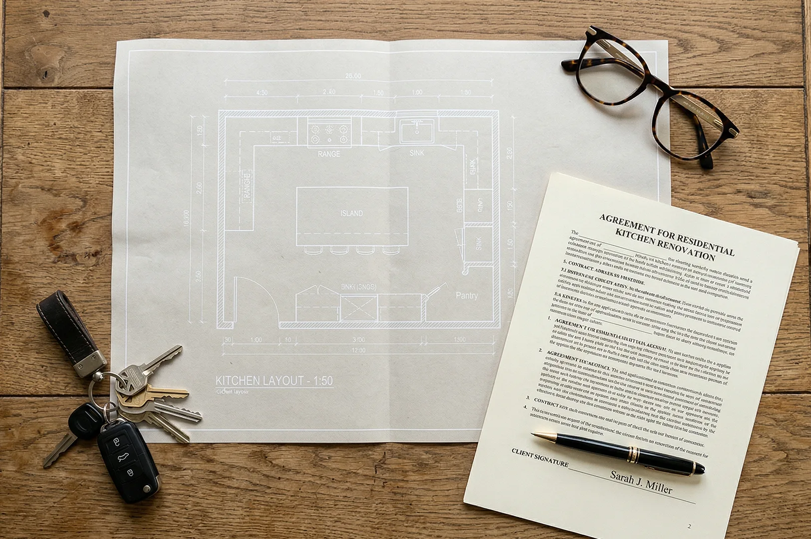 A residential kitchen layout blueprint at 1:50 scale next to a signed renovation agreement by Sarah J. Miller.