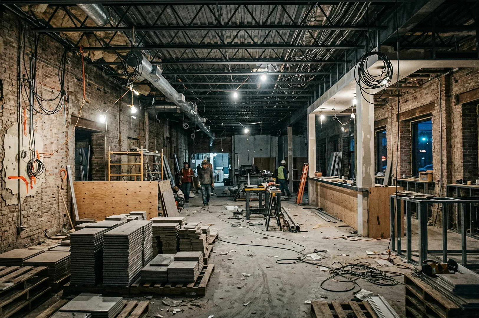 Interior view of a restaurant under construction featuring exposed brick walls, industrial ceiling trusses, and stacks of floor tiles.