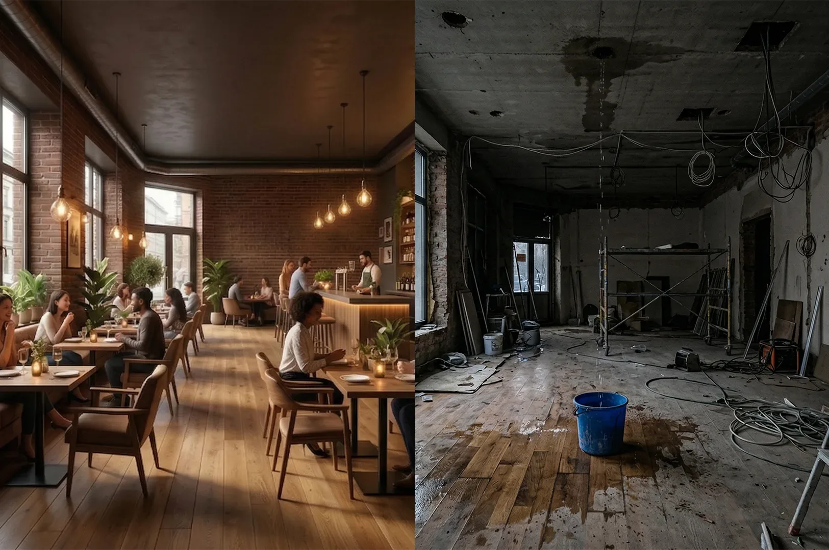 A split-screen image showing a polished, modern restaurant interior on the left and a dark, messy construction site with exposed wires on the right.