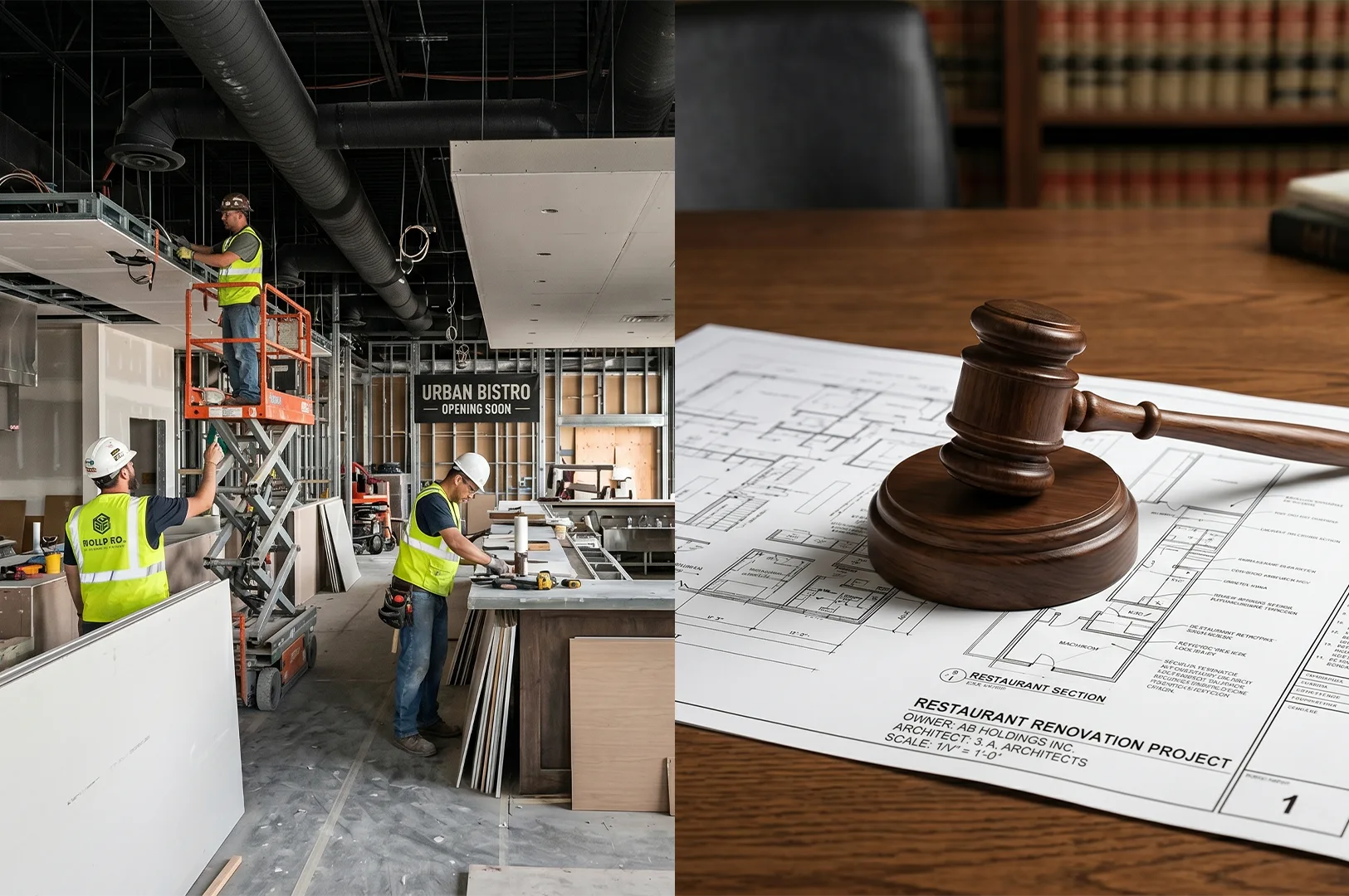 Split view of construction workers at a restaurant site and a legal gavel resting on architectural renovation blueprints.