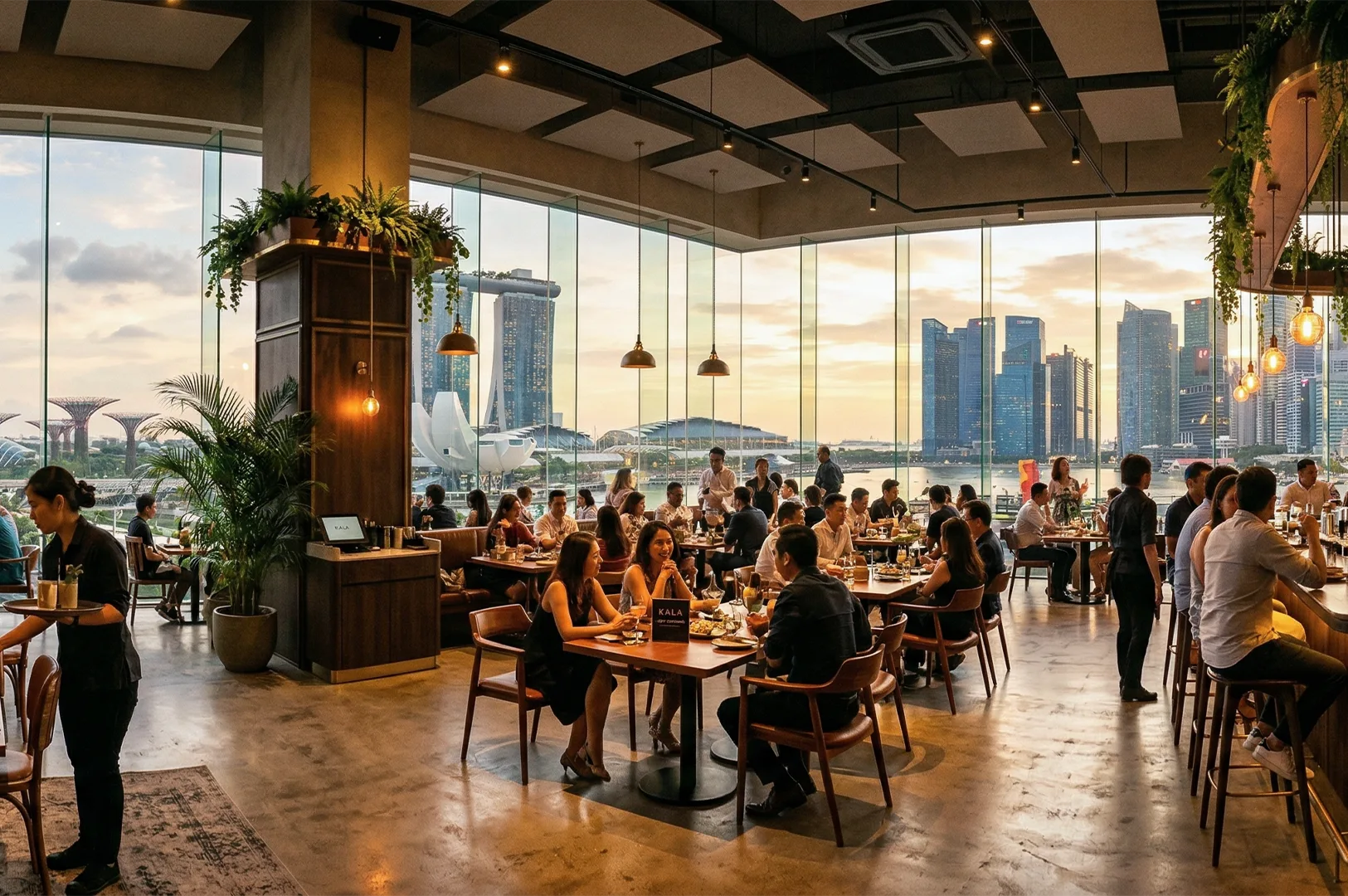 A busy, upscale restaurant during sunset with floor-to-ceiling windows overlooking the Singapore Marina Bay Sands and skyline.