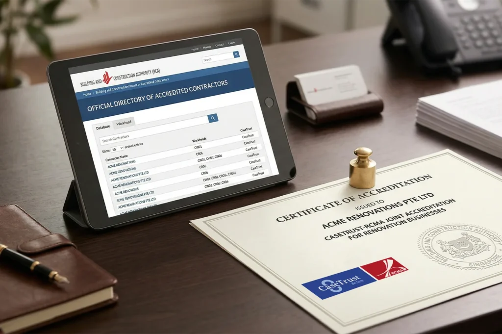 A tablet displaying the Building and Construction Authority (BCA) directory alongside a CaseTrust accreditation certificate for a renovation company.