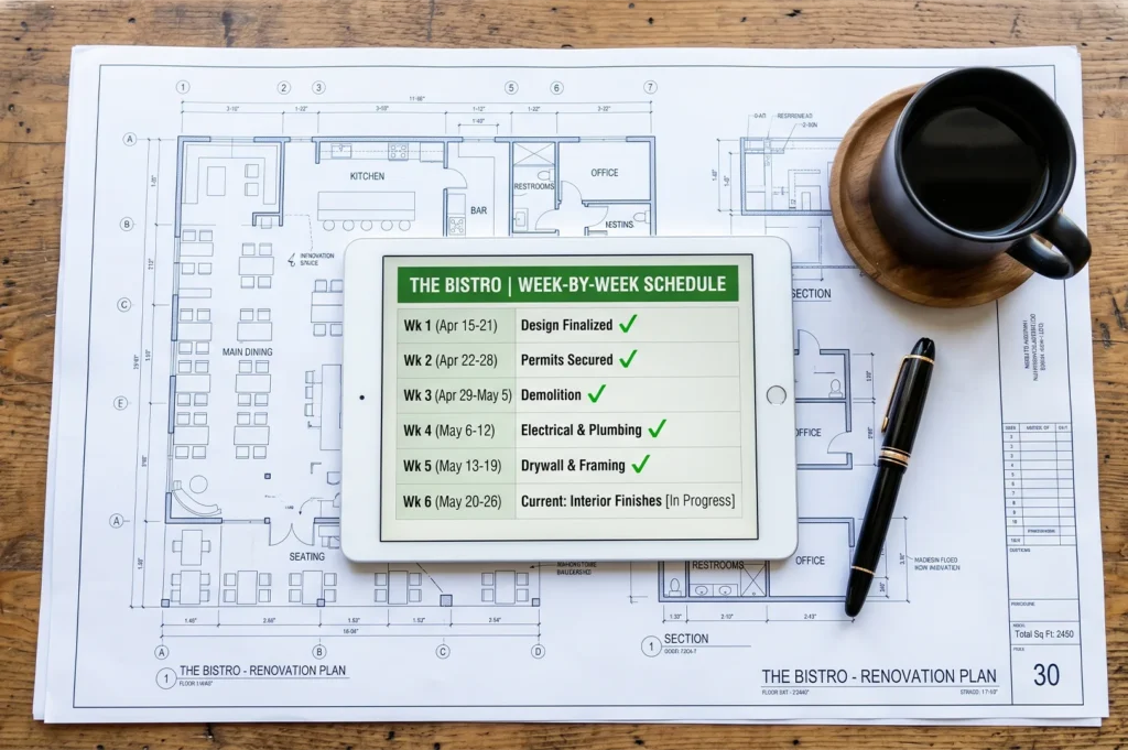 A digital tablet displaying a week-by-week renovation schedule for The Bistro, placed over architectural floor plans with a coffee cup and pen.