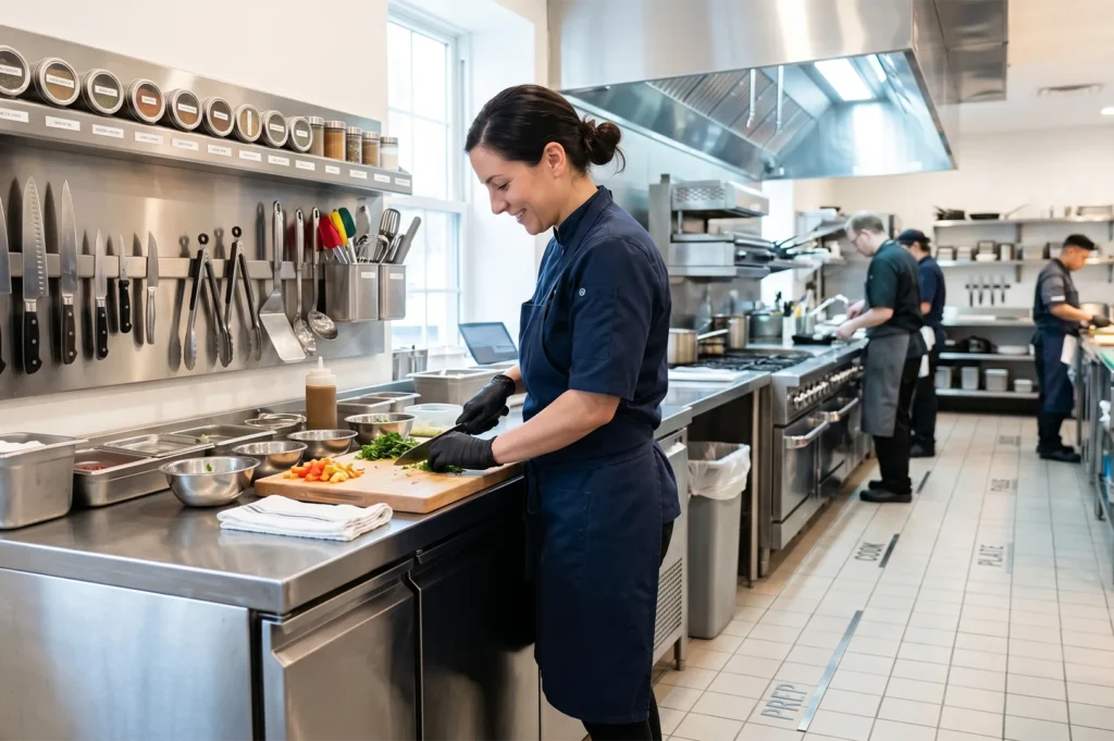 A female chef in a blue uniform and black gloves smiling while dicing vegetables on a wooden board in a clean, brightly lit, and highly organized modern professional kitchen.