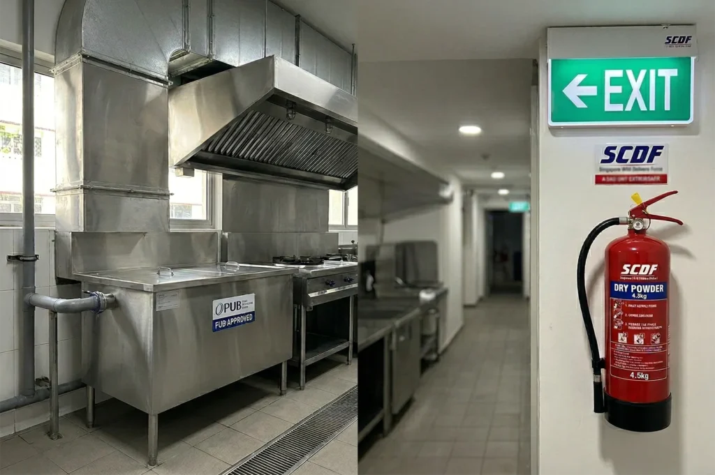 A professional commercial kitchen featuring a PUB-approved grease trap and an SCDF-compliant dry powder fire extinguisher near an exit.