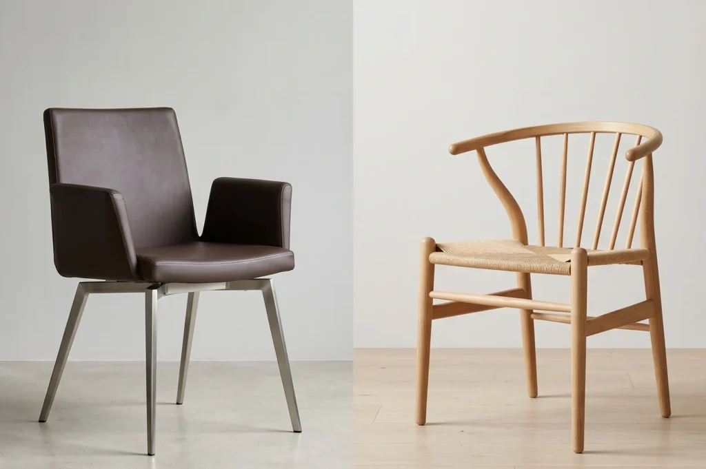 Comparison of two dining chairs: a dark brown leather upholstered armchair with metal legs and a light oak wood Wishbone chair with a woven paper cord seat.