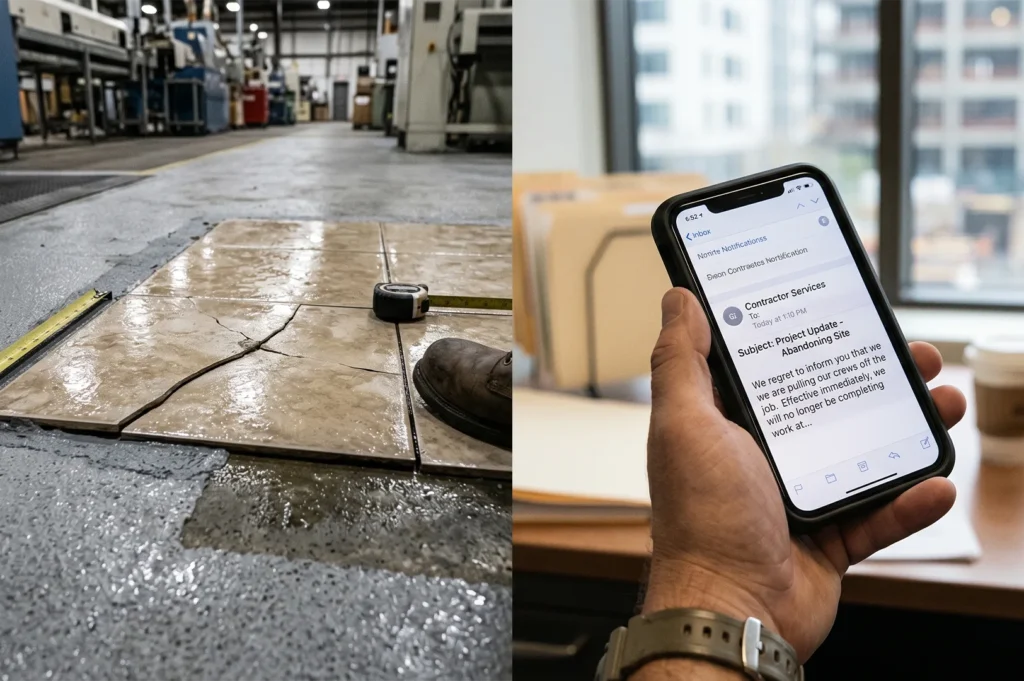 A composite image showing cracked floor tiles and a smartphone displaying a 'Project Update - Abandoning Site' email notification.