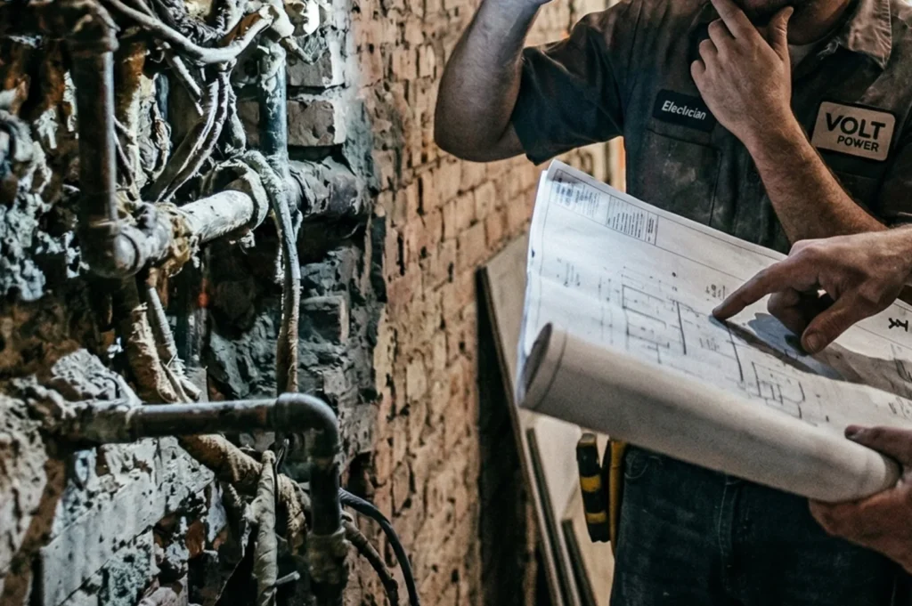 An electrician reviewing floor plan blueprints next to exposed vintage plumbing and wiring in a brick building.
