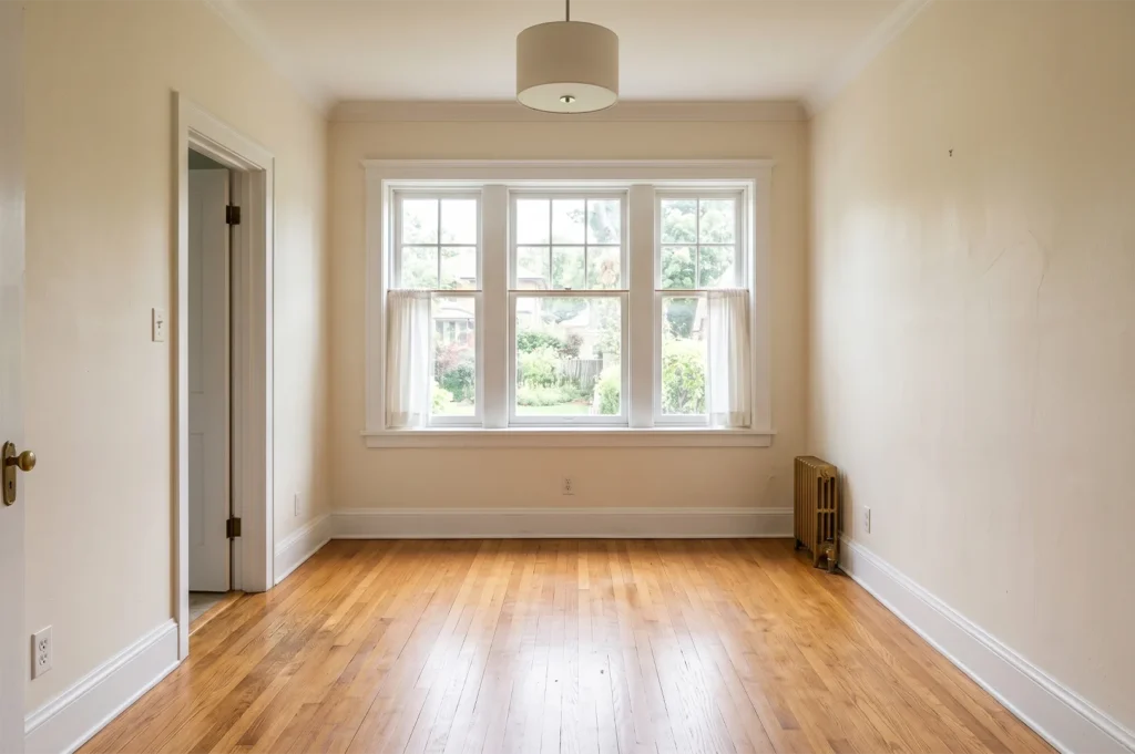 An empty, minimalist dining room featuring polished hardwood floors, cream-colored walls, and a large window providing bright natural light.
