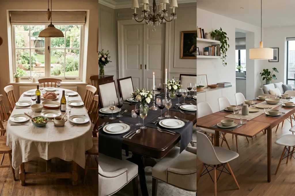 A three-panel comparison showing rustic farmhouse, classic formal, and modern minimalist dining room interior designs.