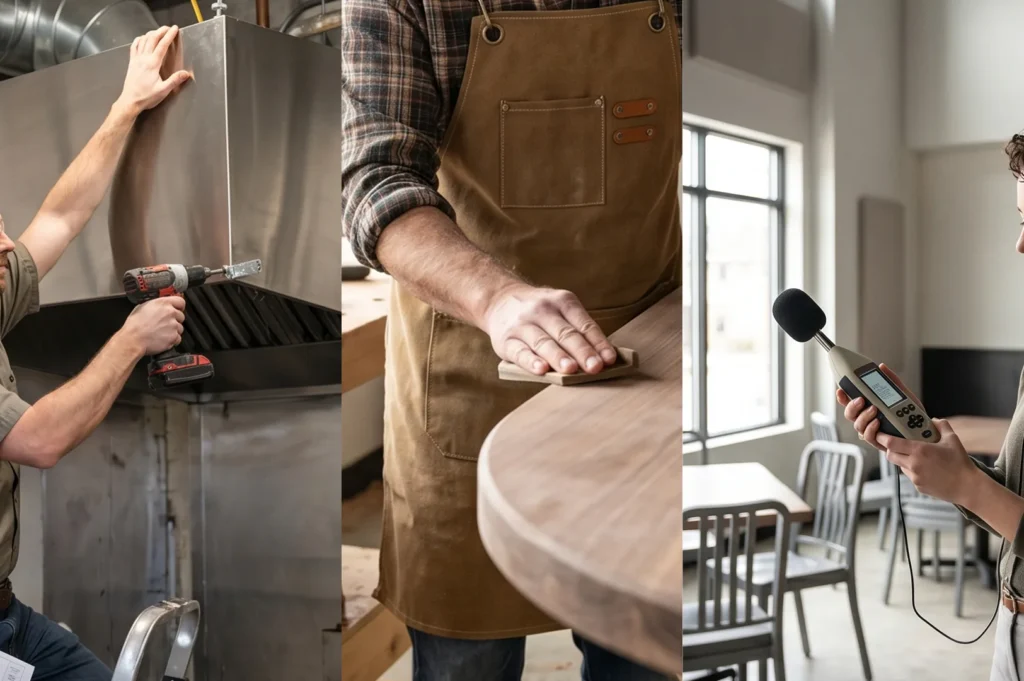 Three-panel image showing kitchen vent installation, tabletop woodworking, and a technician performing acoustic sound testing.