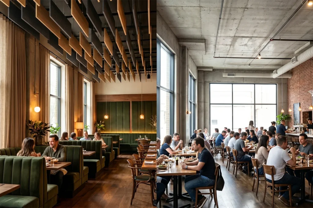 A side-by-side comparison of two restaurant interiors: one side features plush green velvet booths and wooden ceiling baffles, while the other shows a bright, minimalist industrial dining space with concrete walls.