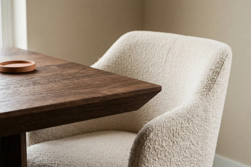 Close-up of a dark walnut wood dining table with a sharp beveled edge paired with a soft white bouclé upholstered chair.