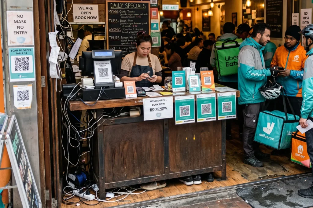 Several delivery riders from Uber Eats, Deliveroo, and Just Eat waiting at a wooden counter with QR codes for order collection.