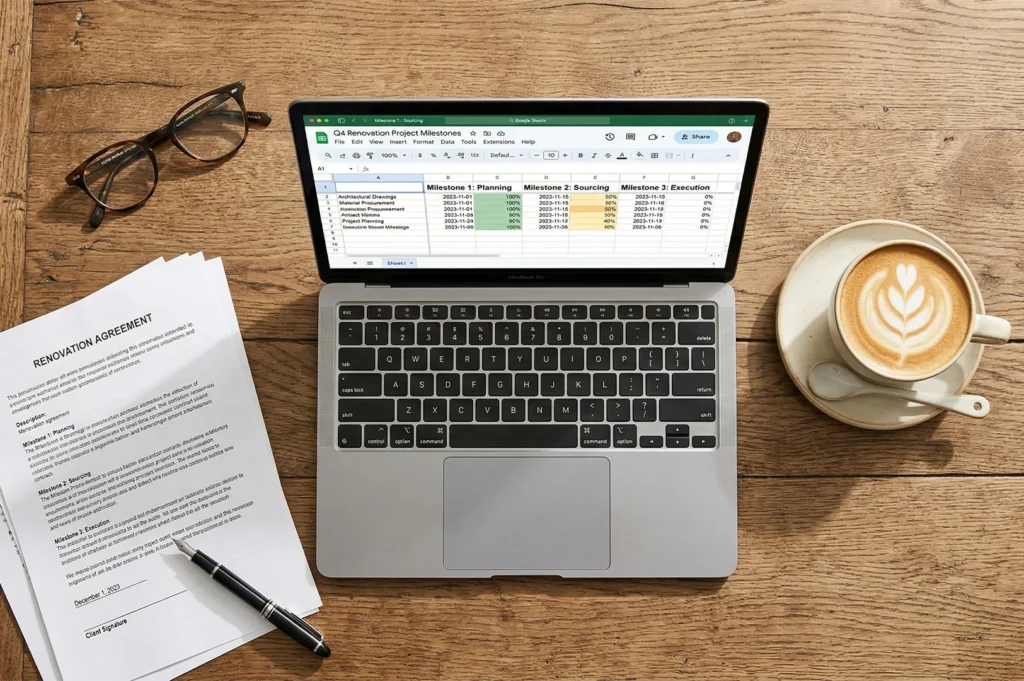 A top-down view of a wooden desk featuring a renovation agreement, a laptop showing a project milestone spreadsheet, and a cup of latte.