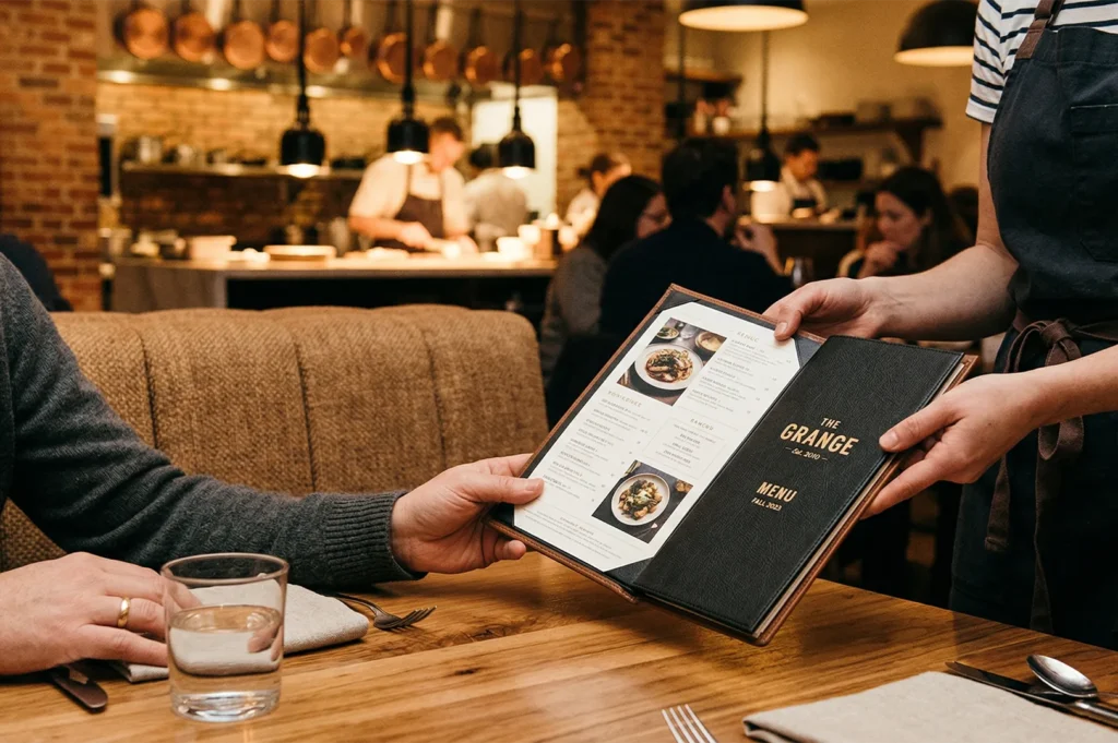 A server handing a Fall 2023 menu to a customer at The Grange restaurant, featuring an open kitchen background and rustic wooden dining table.