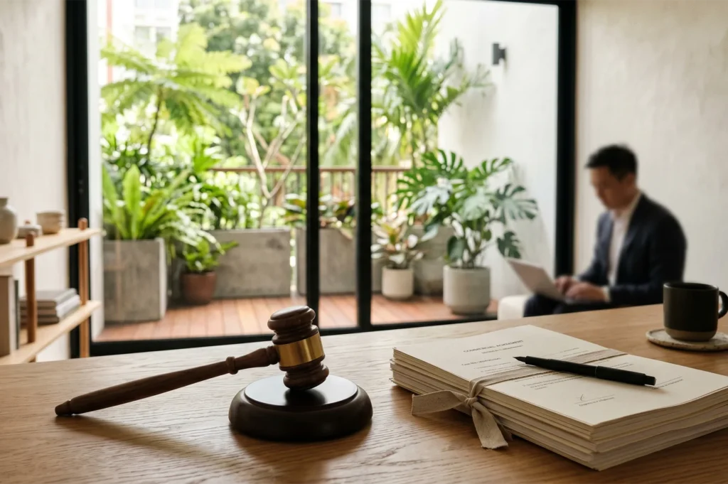 A legal gavel and a signed commercial agreement on a wooden desk, with a professional working on a laptop in a bright office.