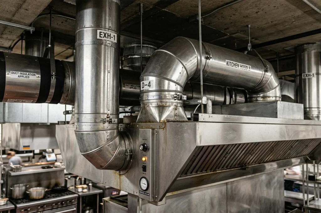 Close-up of an industrial kitchen ventilation system with labeled exhaust ducts, kitchen hood, and air pressure gauge.