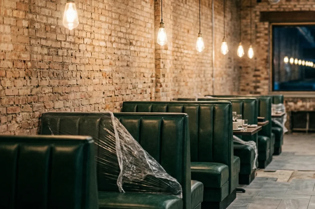 Finished industrial-style restaurant interior featuring green leather booths, exposed brick walls, and hanging Edison bulb pendant lights.