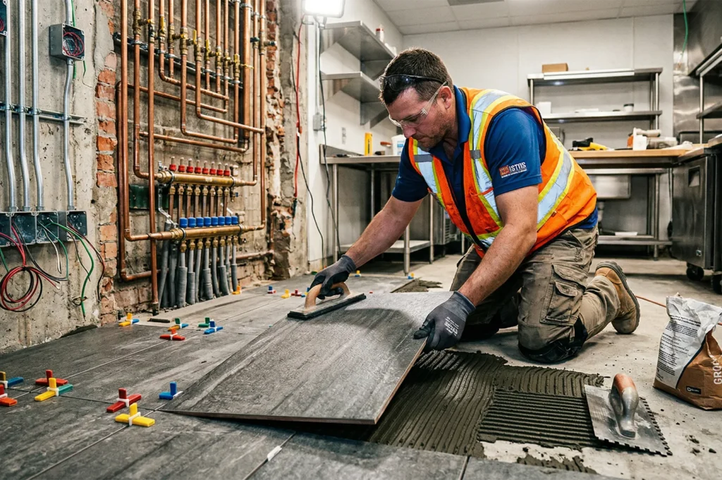 A contractor in a safety vest and goggles applying adhesive and laying large grey floor tiles in a commercial kitchen under renovation.
